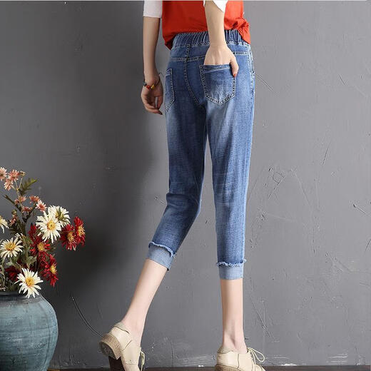 Shukaren zerrissene Denim Cropped Hosen für Frauen Summer Elastic Taille Harem Hosen dünne koreanische vielseitige Gelegenheitshosen 3523# Hell Blue Sieben-Punkte 26