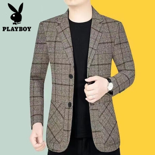 Playboy (PLAYBOY) suit jacket men's new autumn and winter business casual autumn and winter style middle-aged men's plaid suit Korean version trendy khaki plus velvet thickened XL recommended 115-130 Jin Jin equals 0.5 kg