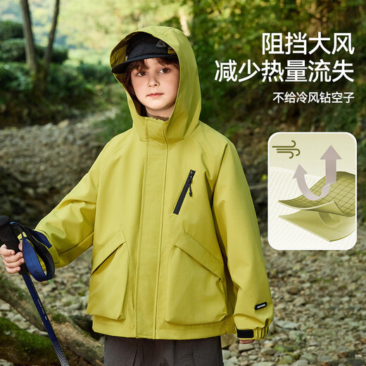 ASK JUNIOR三防儿童外套男童2025秋季户外运动休闲梭织连帽软壳服黄绿  150