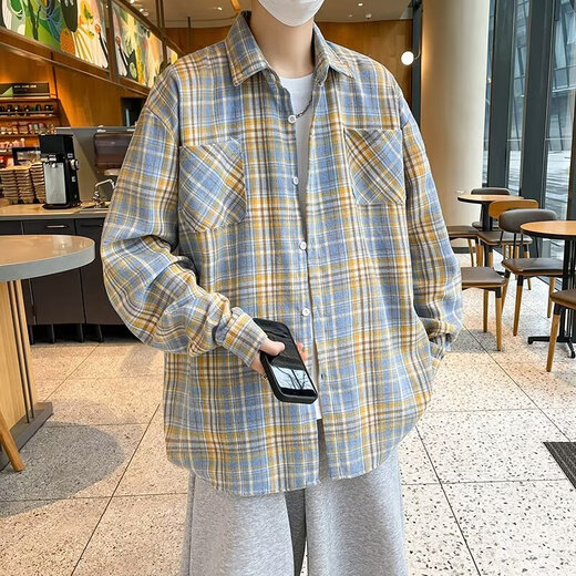 美式长袖衬衫男生春夏季宽松翻领格子衬衣复古潮流休闲百搭外套男 CRYZ687蓝色 M