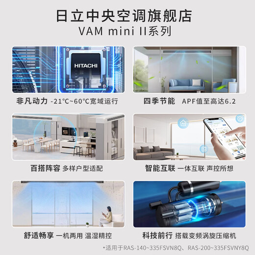 Hitachi (HITACHI) central air conditioner six horsepower one to four/five multi-online embedded inverter air conditioner first-class energy efficiency VAMmini II series Tianfu ground water 8 horsepower first-class energy efficiency one to six 200 suitable for four rooms and two living rooms