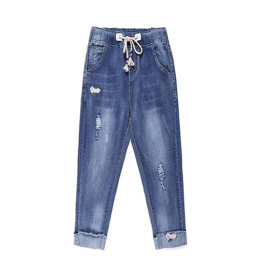 Meng Xianghe zerrissene Denim -Kumpelhose für Frauen Sommer dünne elastische Taille Harem Hosen hohe Taille Koreaner loser Fett MM Sticked Fußhose 3523# Hell Blue 26