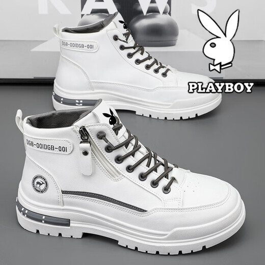 Playboy (PLAYBOY) men's shoes high top spring and summer new 2025 casual retro thick sole height-enhancing breathable trendy leather shoes men's Martin boots white gray 844 39