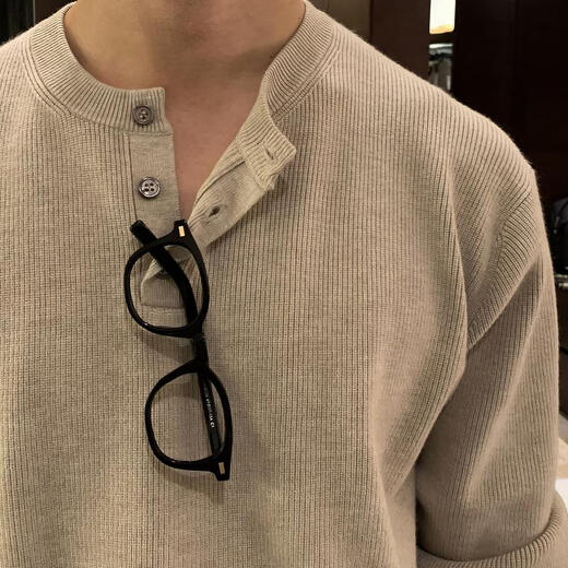 I am David, apricot Henry collar sweater sweater with bottoming shirt for men, casual, lazy, loose, trendy, long-sleeved top, jacket, apricot M