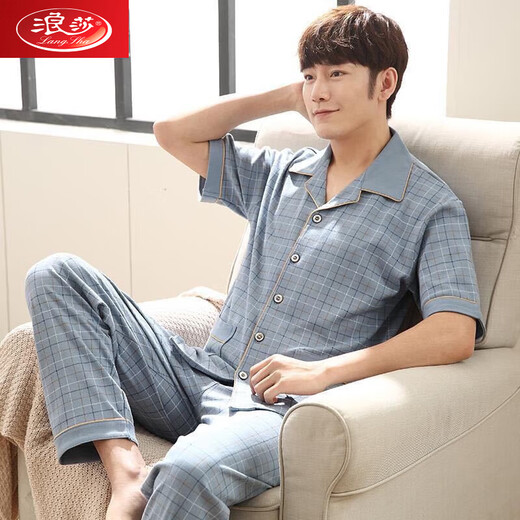 
Langsha pure cotton pajamas men's spring and summer short-sleeved trousers summer plus-size cardigan home clothing two-piece set thin style 691 M wear 90-100 Jin [Jin equals 0.5 kg]