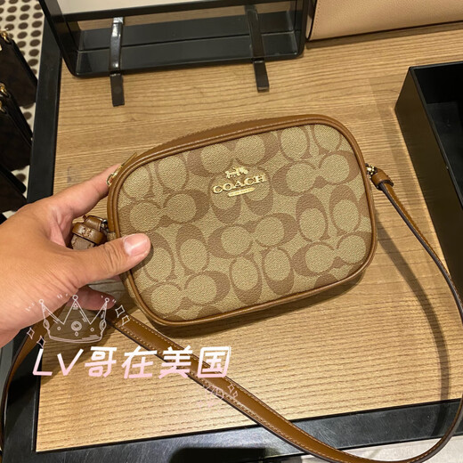蔻驰（COACH）美国代购Coach蔻驰女包Jamie真皮PVC帆布老花单肩斜挎小号相机包 浅卡其logo白色 C9926