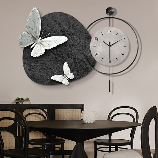 Little Painting Clock, Wasabi Wind, Schmetterlingswanduhr, Schwarz, Weiß und graues Restaurant Dekoration Malerei, High-End-Abstrakte Wohnzimmeruhr Hängende Wand VERSATILE ZP4877+ZP4878 [Schmetterlingsuhr Malerei] 28 Zoll Malerei 70*70+Uhr 70*70 Goldrahmen
