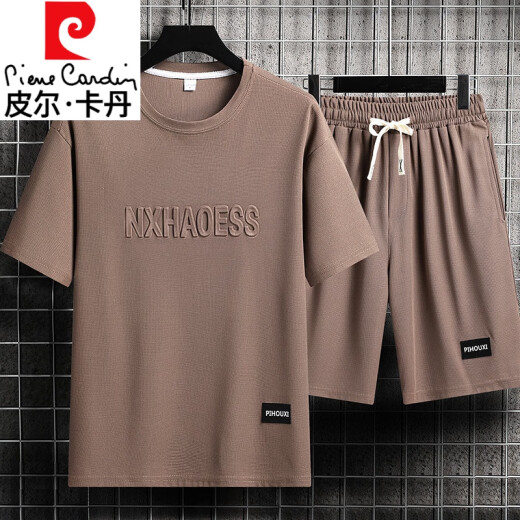 皮尔卡丹（pierre cardin）休闲运动套装男夏季潮牌冰丝t恤薄款短裤大码短袖帅气搭配两件套 上衣-829军绿 2XL 建议145-165斤