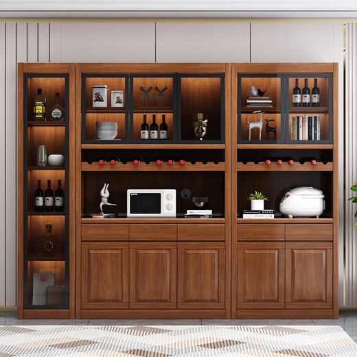 Mu Tisen Chinese solid wood wine cabinet integrated wall display cabinet modern simple living room screen partition cabinet glass door entrance cabinet five-door wine cabinet + single-door side cabinet Default walnut color (remarks for other colors)