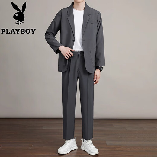 Playboy business draped casual suit suit men's loose Korean style jacket spring and autumn handsome blazer summer black trousers suit L size 125-140Jin[Jin equals 0.5 kg]