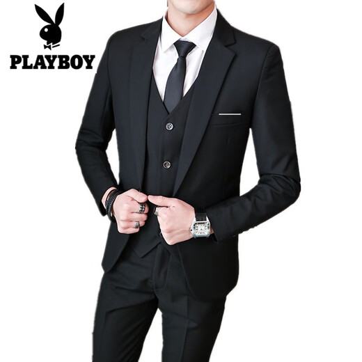 Playboy (PLAYBOY) 2025 new men's suit suit men's slim professional graduation photo business casual groom wedding suit black suit + trousers + shirt 3XL recommended 150-165 Jin Jin equals 0.5 kg to wear