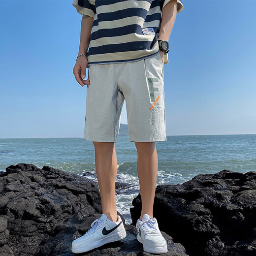 Trendy Ice Silk Shorts Men's Summer Thin Outer Wear Quick-Drying Casual Pants Men's Five Points Trendy Beach Basketball Sports High Quality Cool Running Style BSL108 Haze Blue XL Recommended Weight 115-125 Jin Jin is equal to 0.5 kg Can be worn