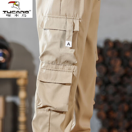 Woodpecker (TUCANO) work pants for men spring and summer new multi-pocket labor-saving foot pants loose large size wear-resistant fashion brand casual long pants for men 2-pair [black + khaki] XL 120-135Jin [Jin equals 0.5 kg]