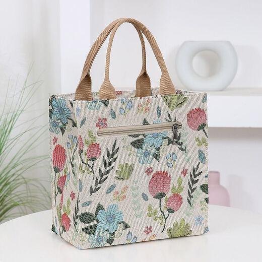 途尊上班新款带饭盒袋子加厚外出午餐手提包帆布妈咪便携小拎包高颜值 米白色花朵 升级款式背面有拉链口袋