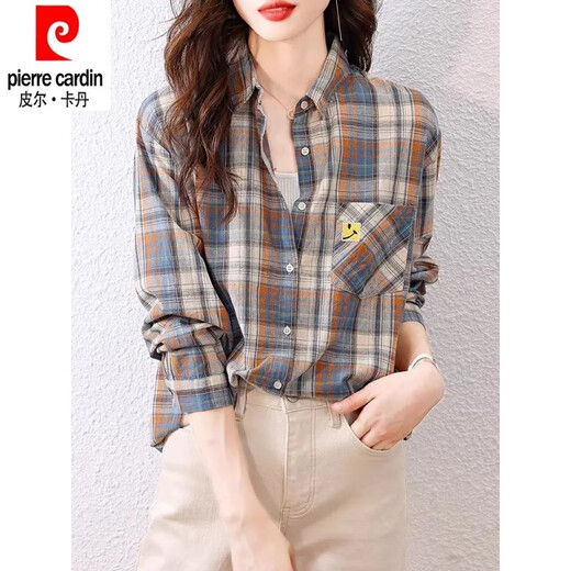 Pierre Cardin pure cotton plaid shirt for women spring and autumn new 2025 fashion shirt early spring style long-sleeved thin shirt top blue XL recommended 115-135 Jin Jin equals 0.5 kg