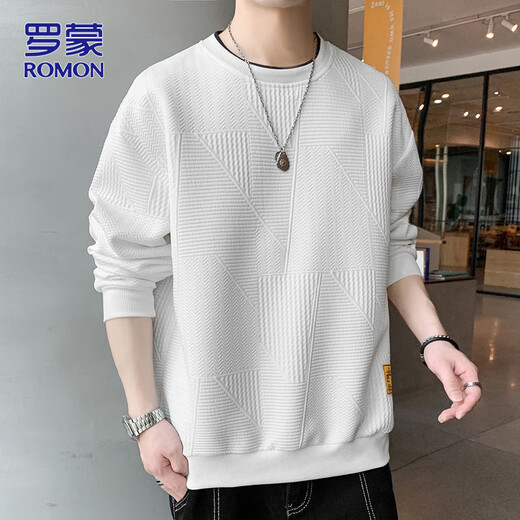 ROMON sweatshirt men's autumn and winter casual long-sleeved T-shirt men's loose tops men's bottoming shirt white L