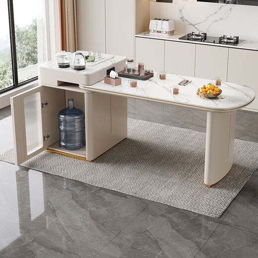 Wencong island table retractable guide table slate tea table integrated small apartment can be used at home modern simple multi-functional tea table dining table + island table + 4 chairs + slate tea tray electric stove total length 1.6-1.9 meters slide rail socket type