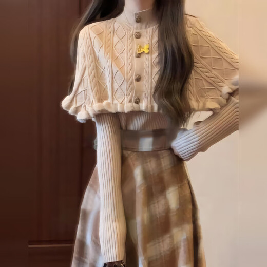 Yanlifen (yanlifen) Retro French Cape Sweater Dress Women's Autumn 2025 New Small Fragrance Style Suit Skirt Autumn and Winter Two-piece Top + Plaid Skirt Three-piece Set L 55/60kg