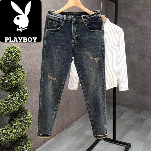 花花公子（PLAYBOY）复古做旧破洞牛仔裤男潮牌痞帅修身小脚弹力九分裤2025夏季男裤子 JBC#K761高质量 30