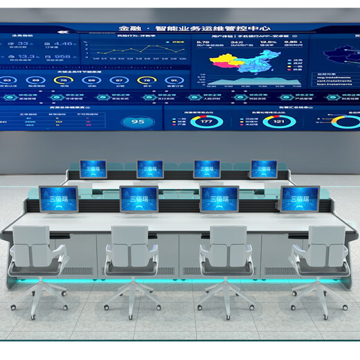 Station de surveillance de la salle de contrôle centrale, station de répartition de sécurité, console centrale de commande électrique, table d'opération en acier et bois au sens technologique moderne, bois peint sans armoire/m