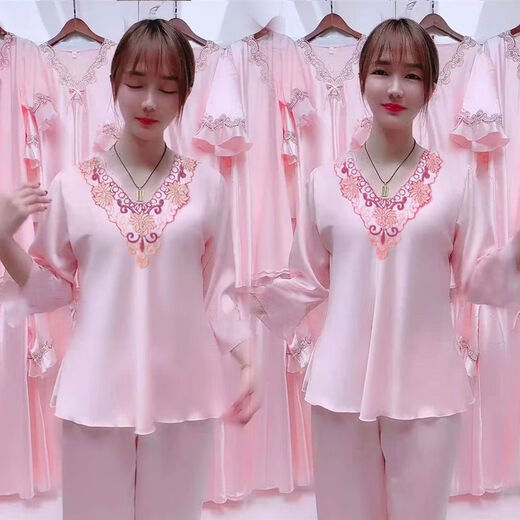 Mu Fengqing Ice Seiden Nachthemd Frauen Zwei-teilige Spitze V-Ausschnitt sexy Frühlings- und Sommer-Langarm-Hosse-Hossed-Simulations-Simulierten-Pyjamas für Frauen mit langärztem 9856 hellrosa Set M [80-100jin [Jin gleich 0,5 kg]]]