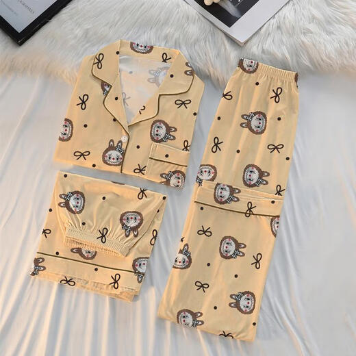 
Catman 2025 new cartoon cute short-sleeved pajamas three-piece set for outside 14126# Labubu Short-sleeved + shorts + trousers L 95-115Jin[Jin equals 0.5 kg]