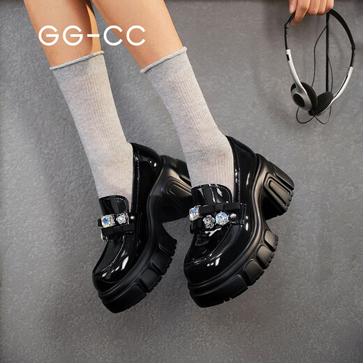 GG-CC【藤校毕业】春季新款时尚厚底乐福鞋女贵气千金小皮鞋G25U5012 黑色 钻饰 38