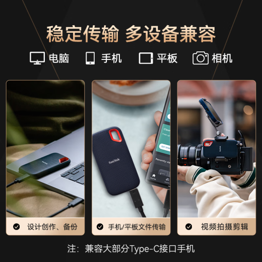 闪迪（SanDisk） Type-C接口NVMe高速SSD移动固态硬盘E61存储USB3.2Gen2 黑色 高速读取1050MB/S 至尊极速卓越版2TB（送收纳包）