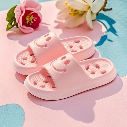 EVA children's slippers for summer bathing for boys and girls, non-slip, hollow, leak-proof, non-smelly feet, soft-soled sandals, parent-child style, EVA smiley face/pink 34, inner length 20.5cm
