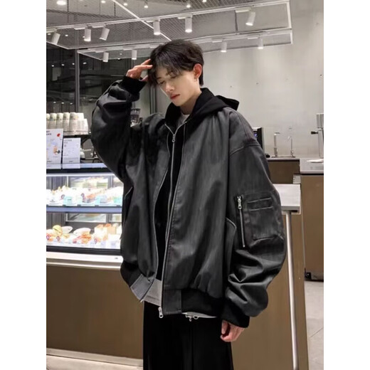 Yiran presents jacket men's autumn and winter high street fashion handsome hunting suit fake two-piece design baseball uniform hooded casual jacket for men black XL recommended 120-140Jin Jin equals 0.5 kg