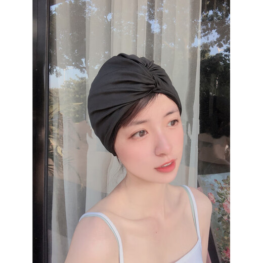 Sanqihu swimming cap for women with long hair, special for not tying the head, cute Japanese face-showing small enlarged head circumference, black trendy fabric, enlarged black cap + earplugs and nose clip set