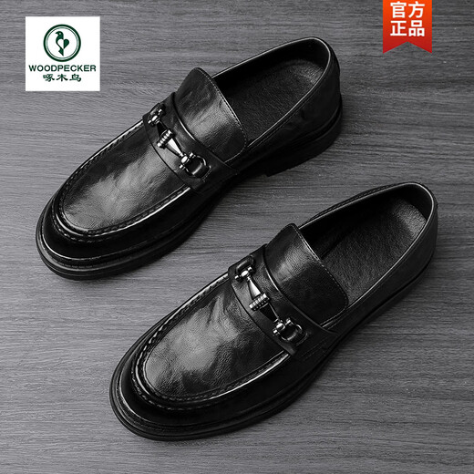 Woodpecker Men's Shoes 2025 New Spring and Autumn British Style Loafers Business Casual Genuine Leather Slip-On Leather Shoes Men's Peas Shoes Black 40 (250mm)
