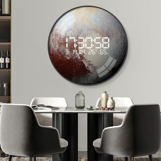 Kleine Gemälde Uhr High-End-Sense kreisförmiger Mond Esszimmer Hänge elektronische Uhr Wanduhr Wohnzimmer 2025 Neue Style-Eingang Dekorative Maluhr ZP3893 [LED Digital Display Screen-Can immer eingestellt werden] 47 Zoll 120*120 cm [elektrisches Modell mit Lichtern]