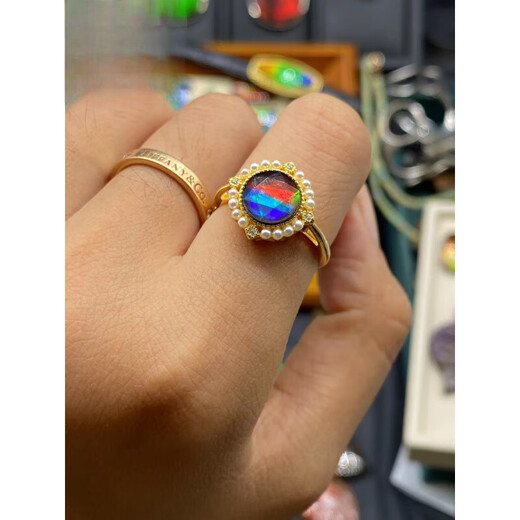 Xuanxian Canadian ammolite ring retro personalized open pearl sterling silver bezel set new women's ring