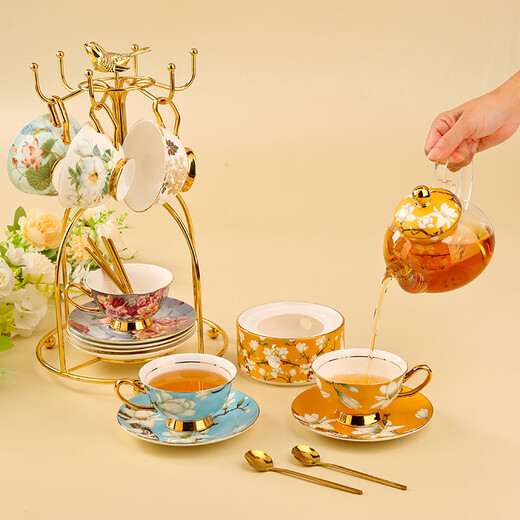 Heart-decorated garden, beautiful way, beautiful flower teapot, candle, heated teapot, teapot, afternoon tea tea set, glass health pot (6 cups and saucers + magnolia yellow flower teapot), red gift box, blooming flowers + bird stand