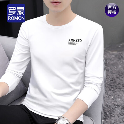 
ROMON men's long-sleeved T-shirt trendy and versatile solid color inner wear autumn tops for youth spring and autumn style slim base shirt for men 9209 white 90-115Jin[Jin equals 0.5 kg] M