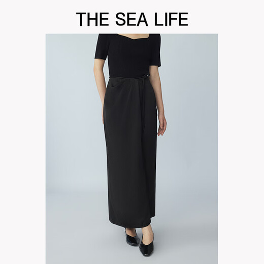 THE SEA LIFE半裙女欧海一生 冰丝半身裙2025春开衩松紧腰黑色长裙XC15265 黑法师 S