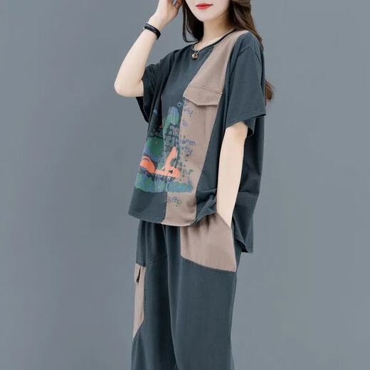 鸢诺中年妈妈装大码宽松显瘦运动服两件套夏季印花拼接短袖休闲套装女 838#绿色 L 【建议90-110斤】