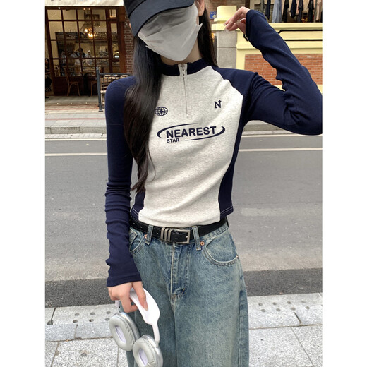 TonLion 2025 Women's Stand Collar Zipper Sleeve Splicing Long Sleeve T-Shirt Navy L