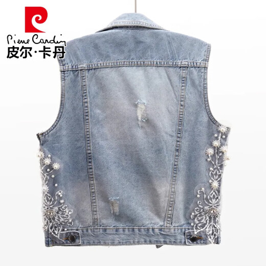 皮尔卡丹（pierre cardin）高档纯棉牛仔马甲背心女短款春秋新款百搭破洞外穿马夹坎肩上衣潮 浅蓝色 3291 S 80-95斤