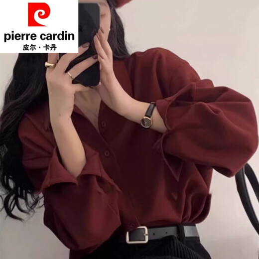 Pierre cardin Hong Kong style retro red shirt for women in autumn 2025 lazy casual layered shirt underneath long-sleeved top knitted burgundy (9905) S (105Jin [Jin equals 0.5 kg])