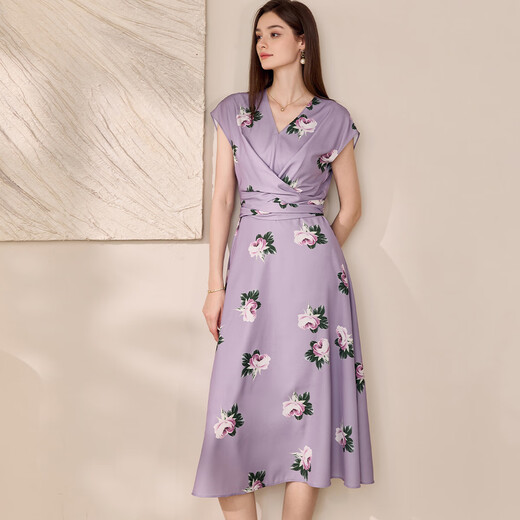 Roeyshouse loi stilvolle gedruckte Taillenkleid für Frauen 2025 Sommer neu eleganter V-Ausschnitt großer Saumrock 11981 Farbe S