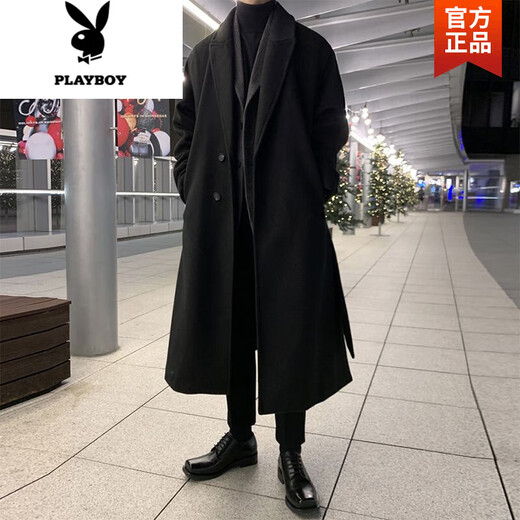 Playboy (PLAYBOY) new winter woolen woolen coat for men, long over the knee, Korean style loose and handsome British woolen windbreaker jacket for men, black (high quality) 2XL