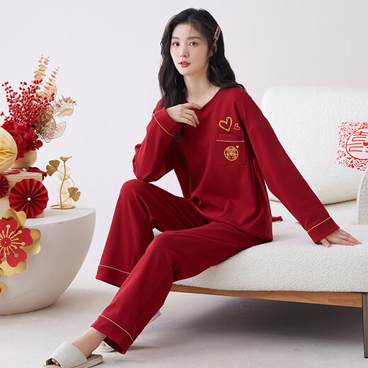 猫人蛇年睡衣女士春秋季纯棉长袖100%全棉家居服冬红色本命年V领套装 9227 2XL ( 建议体重130-160斤）