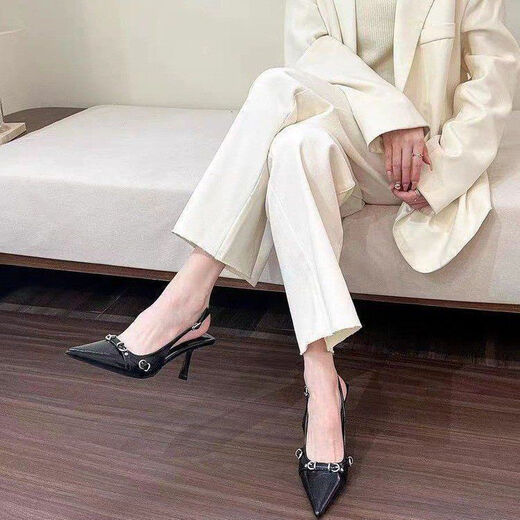 Guiqi Patente de cuero punteado tacones negros para mujeres Sandalias de mochilas de 6 cm Backle Back Back Strap Temperamento del tacón delgado y de patente maduro Negro 37 37