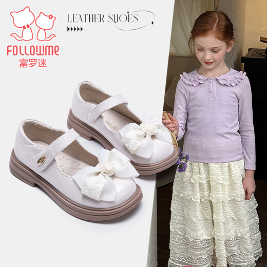 Fuluo Mi Girls' Leather Shoes Spring and Autumn New Mary Jane Shoes Children's Sweet Bow Princess Shoes Off-White 35