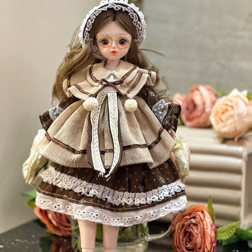 
Diborui children's doll 30 cm 6 minutes dressed in princess doll clothes children's toys girls birthday gifts A complete set of dolls (glasses) bags Brown tea