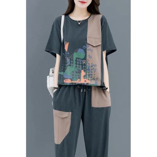 鸢诺中年妈妈装大码宽松显瘦运动服两件套夏季印花拼接短袖休闲套装女 838#绿色 L 【建议90-110斤】