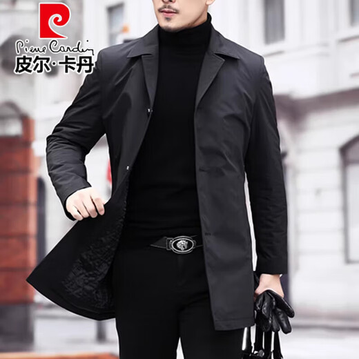 皮尔卡丹中长款风衣男2025新款春秋季西装领中年男商务修身服简约外套男 黑色A829款（不加棉） 常规 XL 180