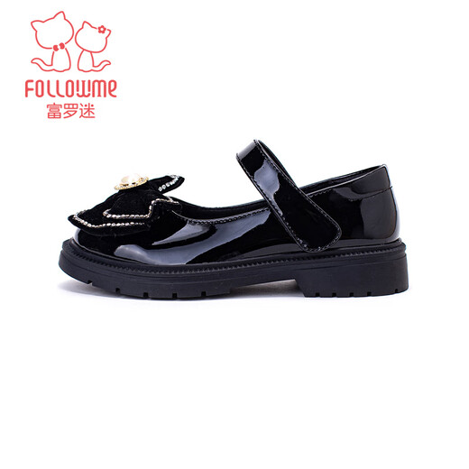 Fuluo Mi Girls' Leather Shoes Spring and Autumn New Rhinestone Bow Black Performance Shoes Soft Sole Princess Shoes Black 35
